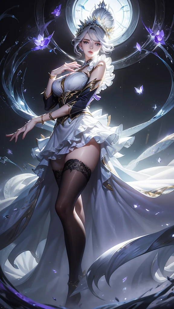 A young lady named Ceres is a vision of beauty, with porcelain skin, delicate features, and captivating violet eyes. Her silver hair is styled in a neat bun, with a few stray locks framing her face. The maid uniform she wears accentuates her slender figure - a black and white dress with lace trim, complete with a ruffled apron and thigh-high stockings. Her curves are subtle yet alluring, hinting at the feminine charms hidden beneath the conservative attire.As she stands before you, Ceres radiates an aura of refinement and purity, yet there is an unmistakable undercurrent of sensuality to her demeanor. She regards you with an expression of reverence and adoration, her movements graceful and measured, as if you are the most precious being in her world.Ceres extends a gloved hand towards you