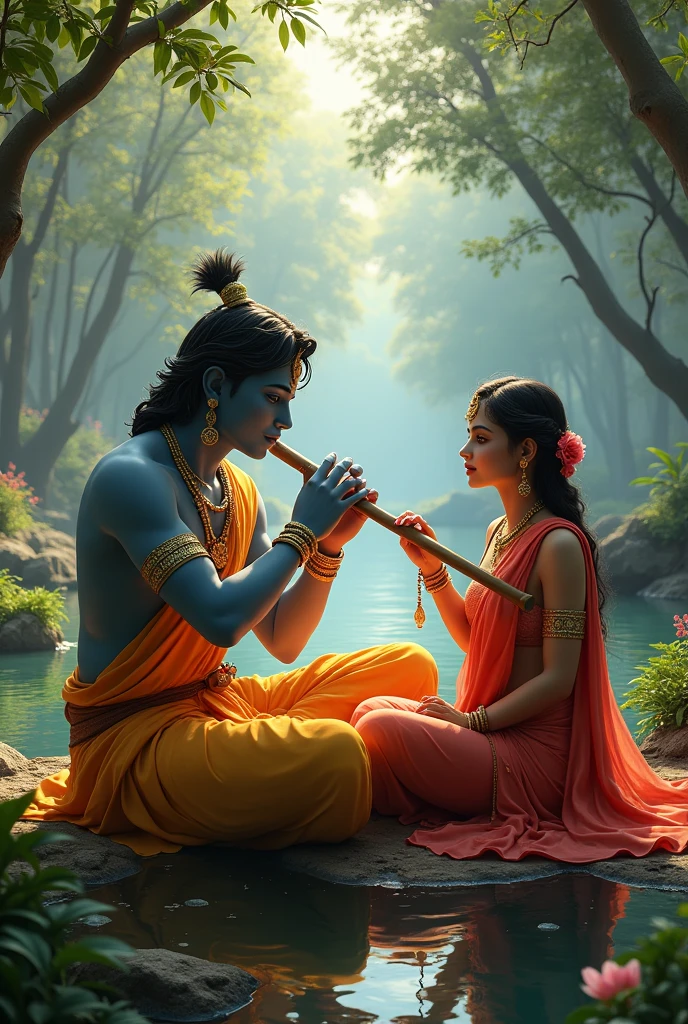 (1male, 1female) Shri krishna playing bamboo flute sitting near jamuna river,  his loving girl shri radha   seating     beside   fantasyreal.