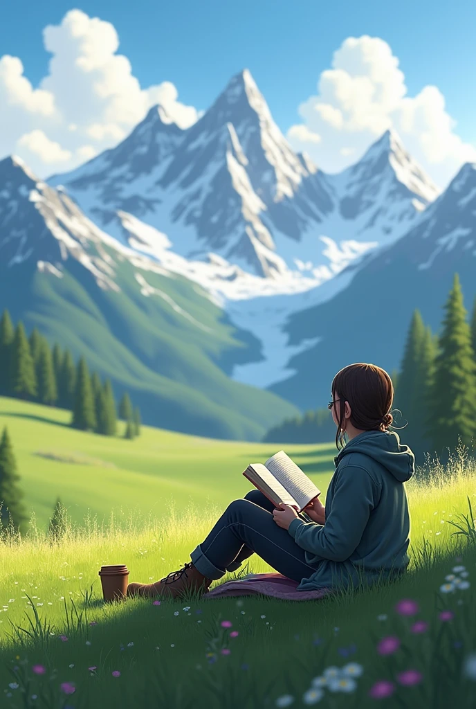 Beutiful meadows and snow capped mountains and a writer seating with a cup of coffee reading