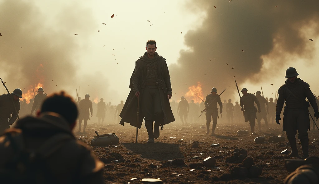 Arav in a battlefield: Arav in a chaotic battlefield, surrounded by soldiers, looking conflicted amidst the fighting.