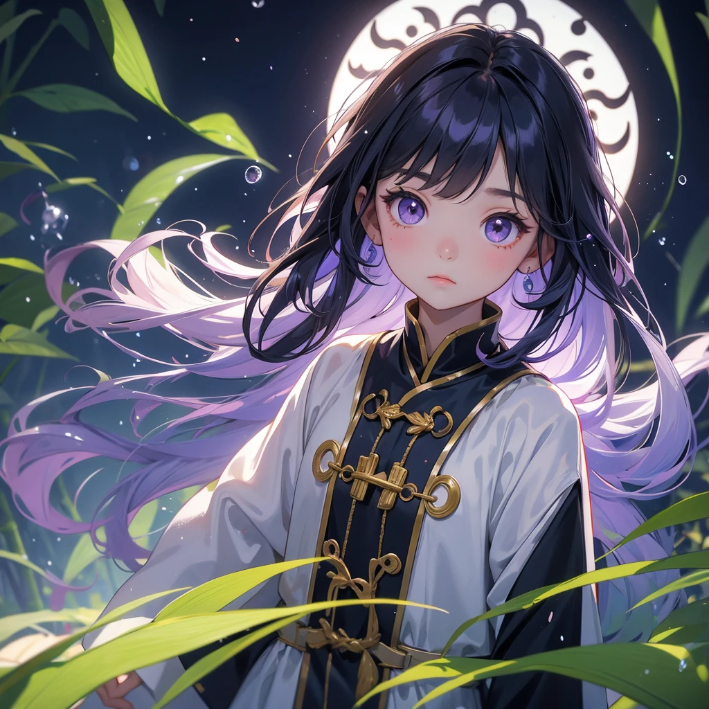 A chibi child girl had a small face and Wearing white little Taoist priest's outfit. A pair of big round eyes shone with curiosity about him. This child was so cute, Background is a dark moonless night, with dry trees in the background, and purple glowing light
The back is a lush green bamboo forest. The air after rain has water droplets splashing around.