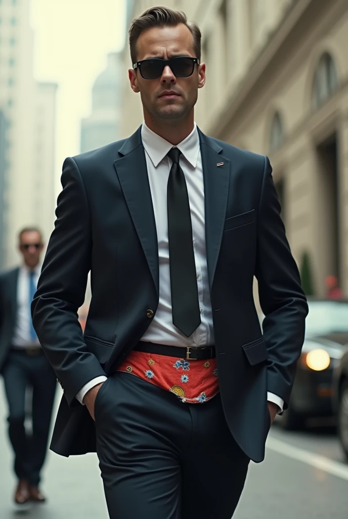 An FBI agent has a ripped in the back of his pants exposing his funny whimsical briefs