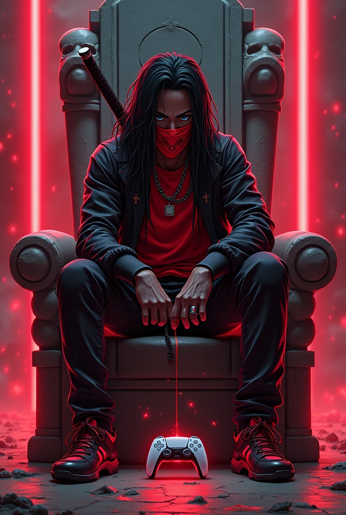 A beautiful anime boy with black hair braided back into his hair, if it reaches your shoulders,African American race with black skin, sexy cyberpunk style, He wears a high-tech red mask over his mouth that even covers his nose., Red neon lights , and high-tech red clothes , slanted blue eyes , He is sitting on an ancient stone throne with skull details from which lights emerge., tries to smash a Playstation 5 controller on the floor , On his back he carries a katana,He is looking at the screen angrily , because he is losing in the game ,