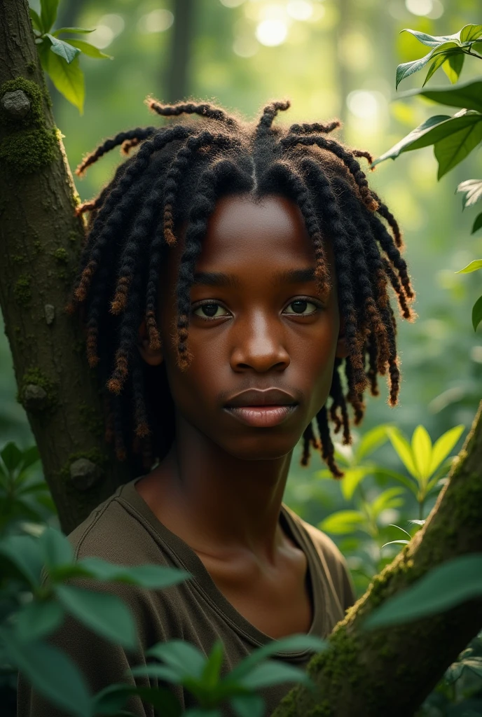 The face of a young man with brown skin and twist locks in the forest