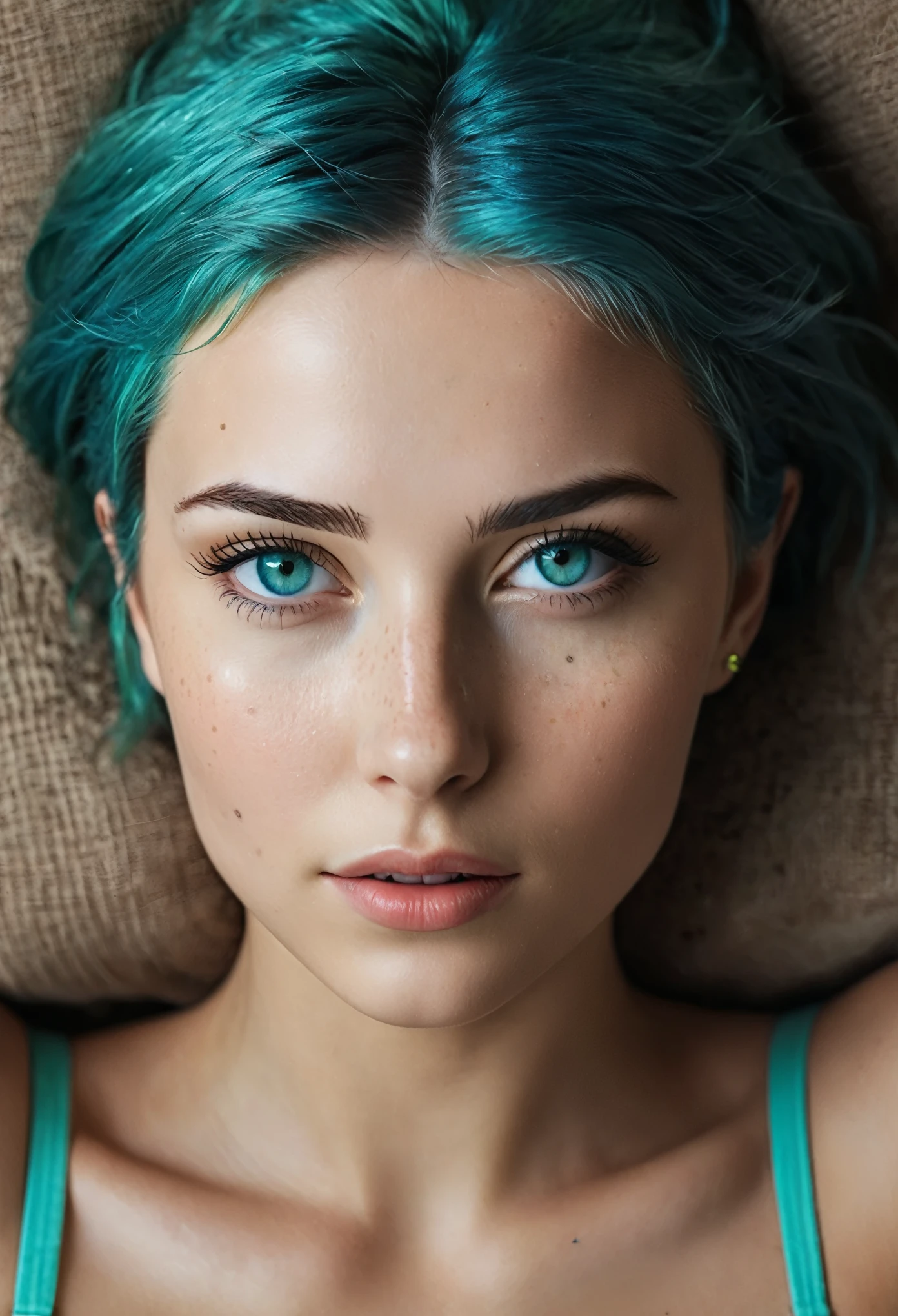 (Best quality), ((artistic realization)), (ultra detailed), Woman 20 Years Old Nordic Ethnicity, Short blue hair with a perfect face and light freckles, Blue-Green Eyes (makeup) , a slim body, (narrow hips). (She is lying on her back, (((coffee)))  cups around, view from above, close-up), Dark atmosphere of the frame, (ultra detailed), ((photorealistic)), ((Color palette - turquoise, neon green, yellow shades))