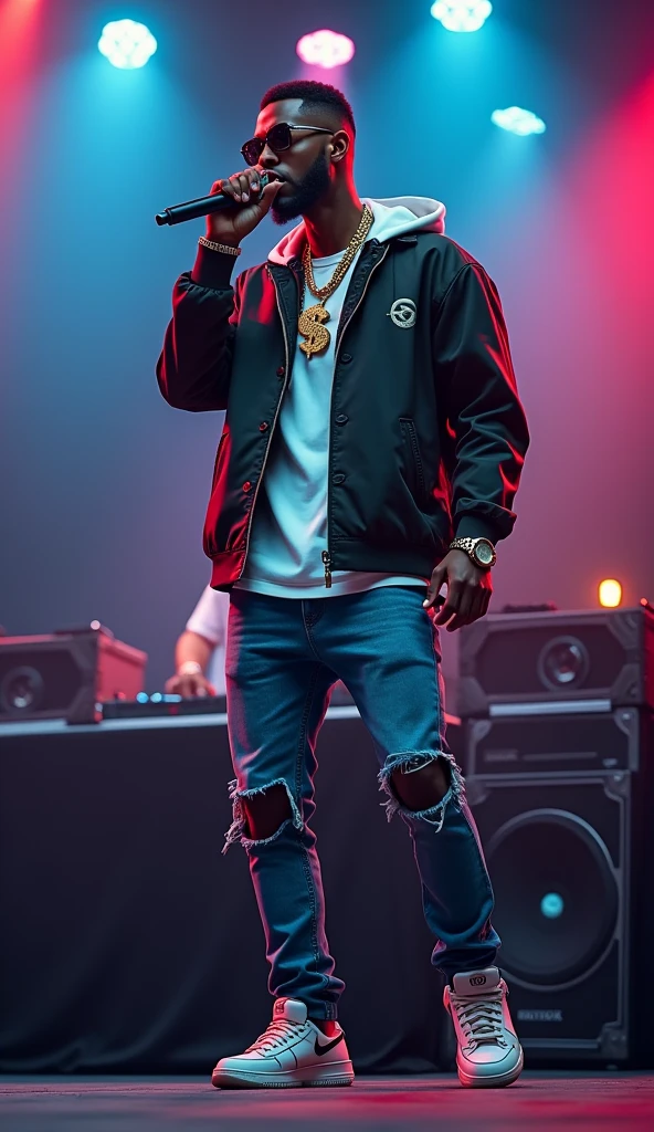 A rapper with a dollar sign chain on his neck, low rise jeans, wearing sneakers, has a mic on his hand with a DJ setup behind