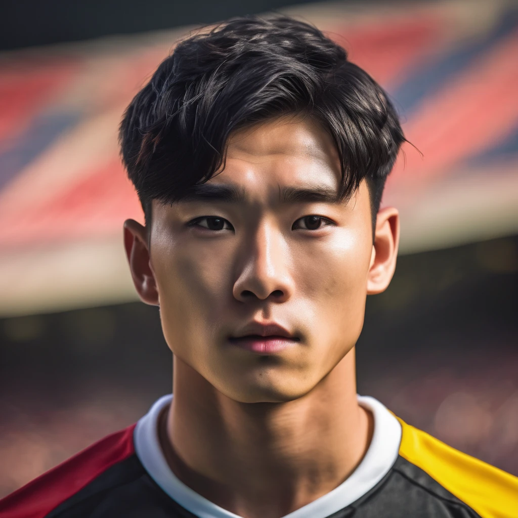 A headshot portrait of a 20s-year-old Korean male soccer player, front view, wearing the AFC Bournemouth uniform of the English Premier League, with short black hair, playing as a midfielder, (best quality,4k,8k,highres,masterpiece:1.2),ultra-detailed,(realistic,photorealistic,photo-realistic:1.37),HDR,studio lighting,extremely detailed eyes and face,longeyelashes,muscular build,intense gaze,dynamic pose,sharp focus,vivid colors,bokeh