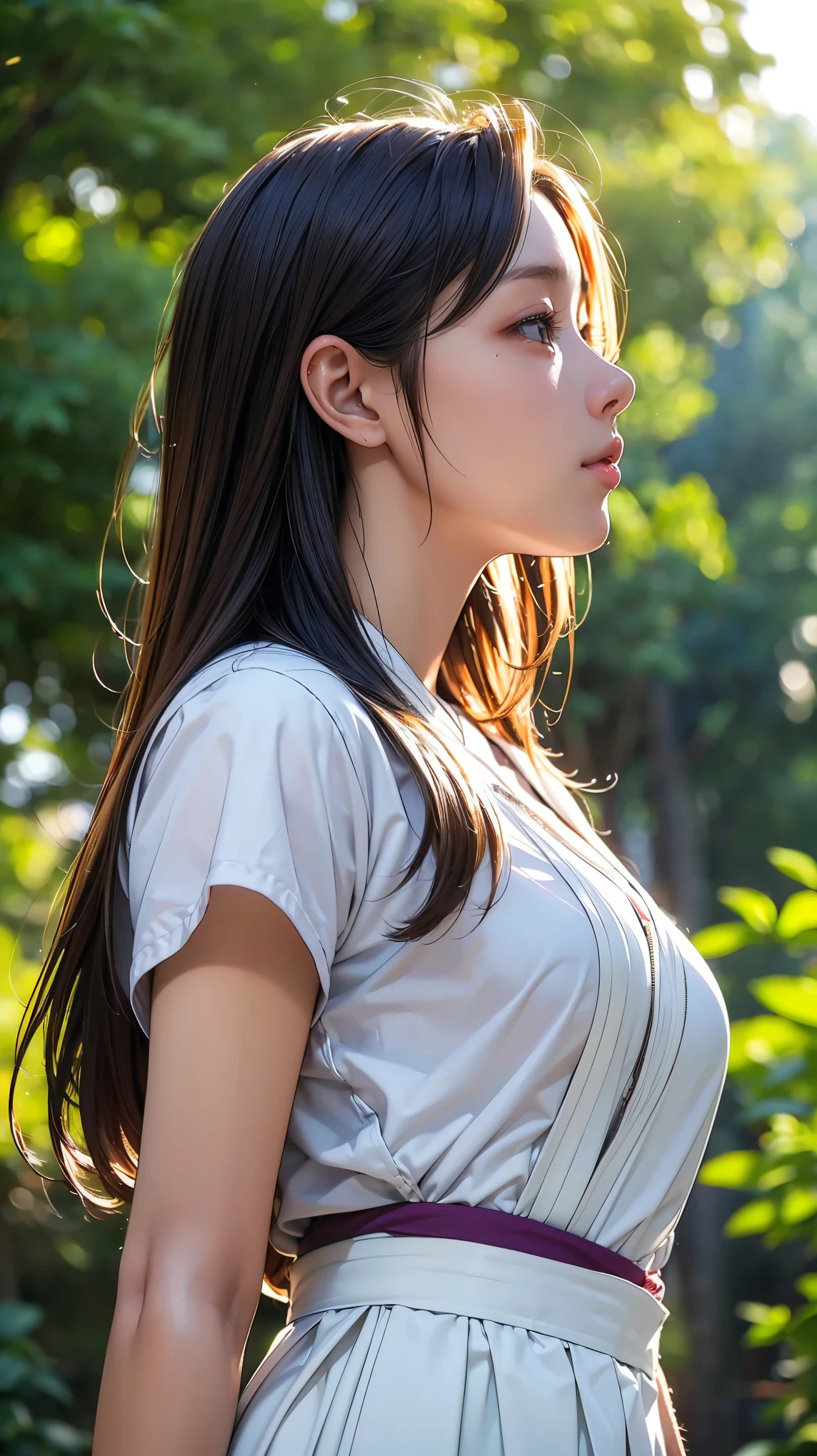 Realistic, masterpiece, Highest quality, Highest Resolution, High Detail, Soft Light, Professional Lighting, Backlight, Film Grain, The background is blurred, (Japanese high school girl, Height: 162cm, Small Tits), (The subject is a photograph of the upper body taken from below, profile:1.3), Walking, (I&#39;m sweating a little, Hair is also wet with sweat), Laughing happily, Open your mouth, Droopy eyes, Dark Eyes, Draw eyelashes carefully, Eyelash extensions, Gal Makeup, Orange Cheek,  (White brown braids,Short Hair, middle part:1.3), (Hidden eyelid wrinkles:1.3), (Cool clothing:1.3), (Summer forest, Under the sun through the trees:1.3)