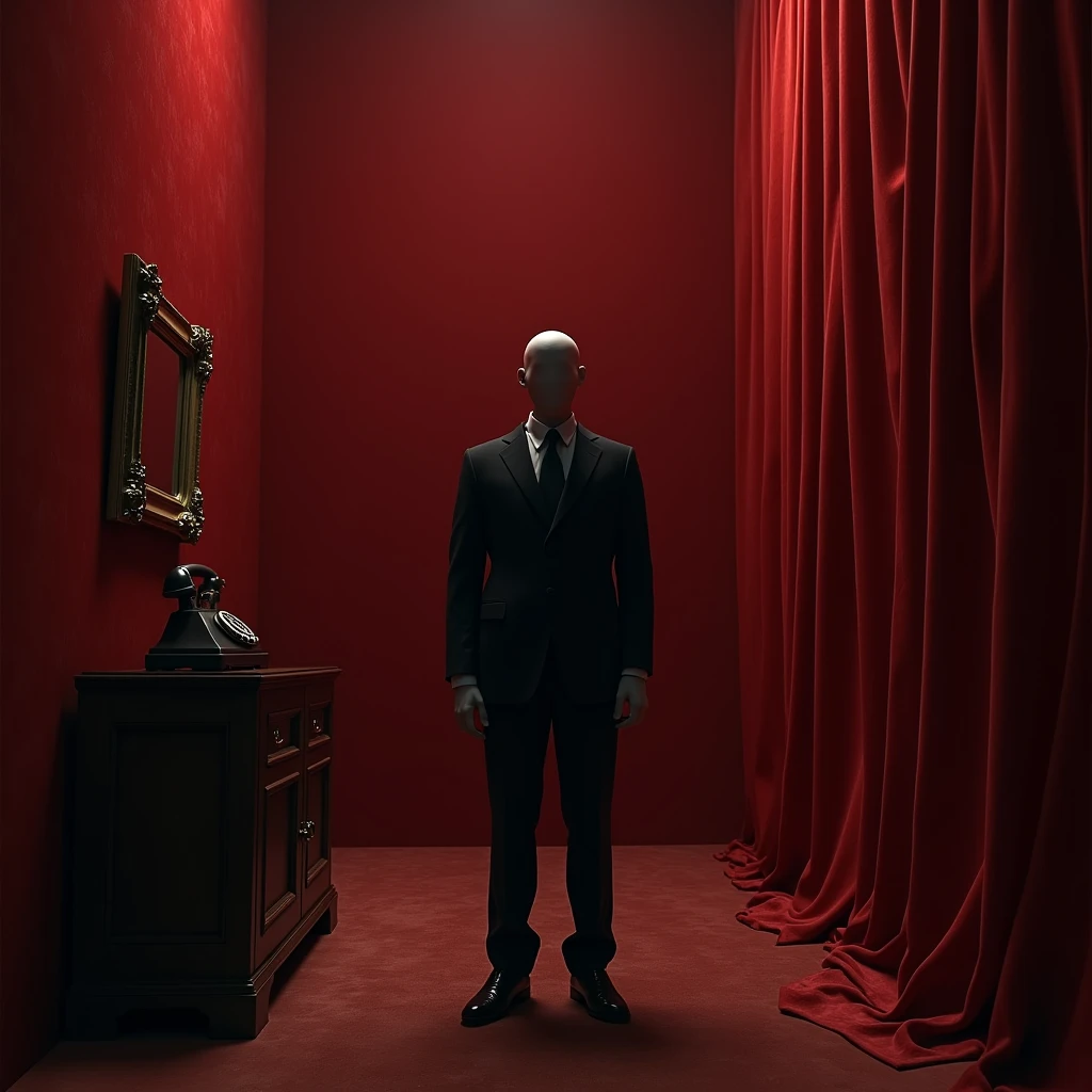 A man without a face, dressed in a black suit, He stands in the center of a room covered in red velvet. The walls seem to move slightly, and an old telephone rings in the corner, creating a surreal and tense atmosphere.