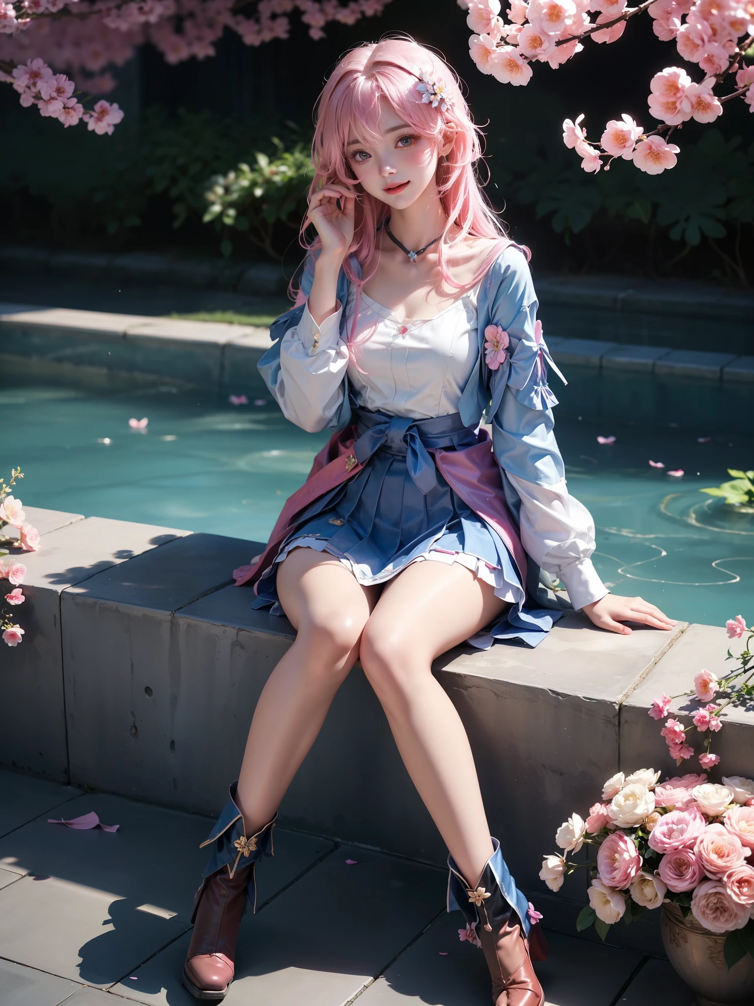 March_7th(Honkai_StarRail), 1girl, blue jacket, pink hair, medium hair, white shirt, long sleeves, skirt, thighs, thigh strap, boots,((Girl lying in the pool))、She gently lifted her skirt with one hand,Make gentle and playful gestures,((Lots of flowers瓣)), Lots of flowers,Lots of scattered petals,Cherry tree,Petals are flying all over the sky,A beautiful and charming woman, Elegantly, Her plump breasts are on display.,Visible cleavage,Beautiful natural legs,Sexy long legs,Various slim and lovely beauties, Her long hair cascades down like a waterfall。She smiled brightly,Eyes sparkling,Her skin is flawless。Her curves are highlighted。Shine in the light,The color is pastel,She lay confidently,One hand on hip,Her posture is both graceful and strong.。She wore elegant high heels,It matches her outfit very well。In the warm golden sun。The overall mood of the picture is tranquil and uplifting,Emphasis on natural beauty and elegance, Studio Lighting,Vibrant colors, Cute girl, sweet smile, cosmetic,Shy,blush,Open your mouth,Heavy breathing,moan,超realism,realism,Movie Lighting,comfort,Sony FE GM,Retina,masterpiece,precise,Anatomically correct,Textured Skin,Super Detail,High Detail,best quality,Colorful