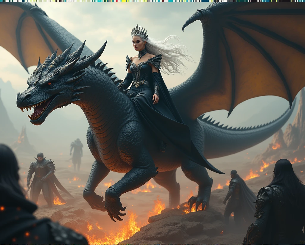 generate landscape picture, 1080p, beautiful woman with silver hair, sitting ride a dragon on its back, wearing black noble outfit,crowned by silver obsidian crown, surround by her enemies, the dragon spitting fire and burn the enemies