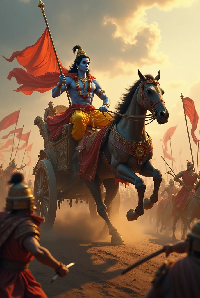 Shree Krishna driving Chariot, and Arjun with bow and arrow to aim in battle