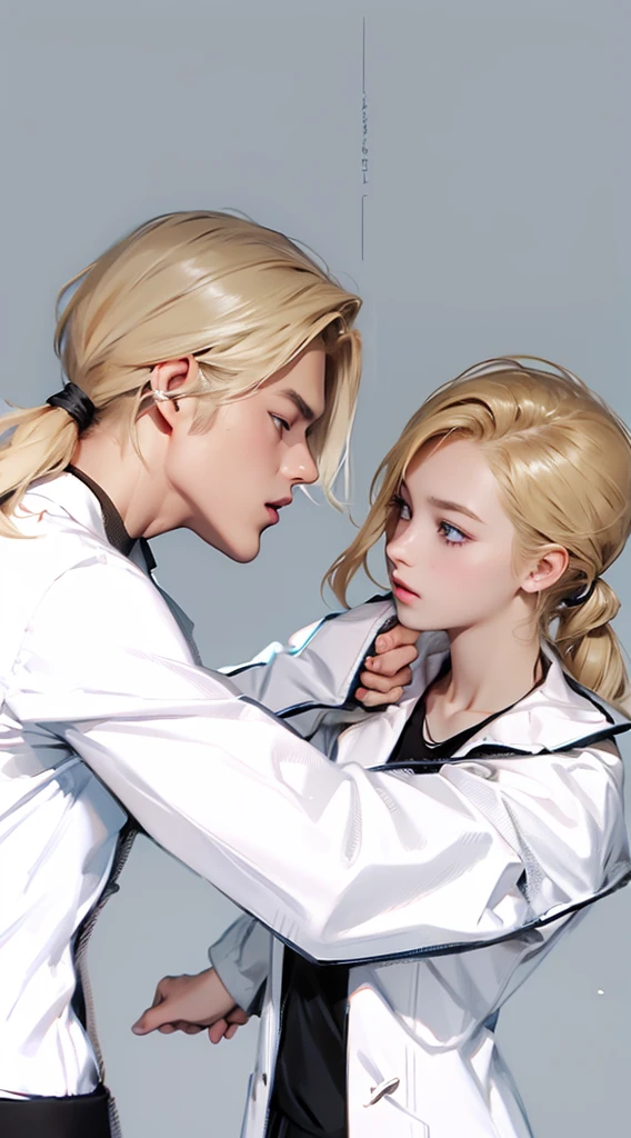 Upper Body,(一个帅气的blond欧美男子壁咚一个20岁的欧美女模特),blond,Ponytail,A boy,A girl,Boys wearing white shirts,Black suit pants,Girl wearing white coat,Black dress,(Blue Eyes:1.2),muscular,Caucasian ethnicity,Atmosphere,High Detail,Standing,The background is the laboratory