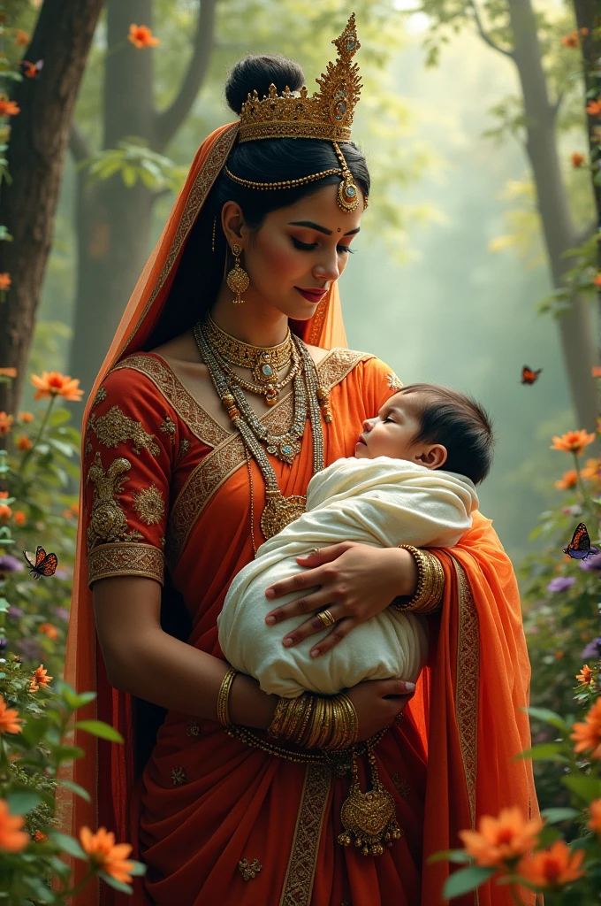 Indian queen with her newborn baby boy in the garden with flowers animals birds and her friends