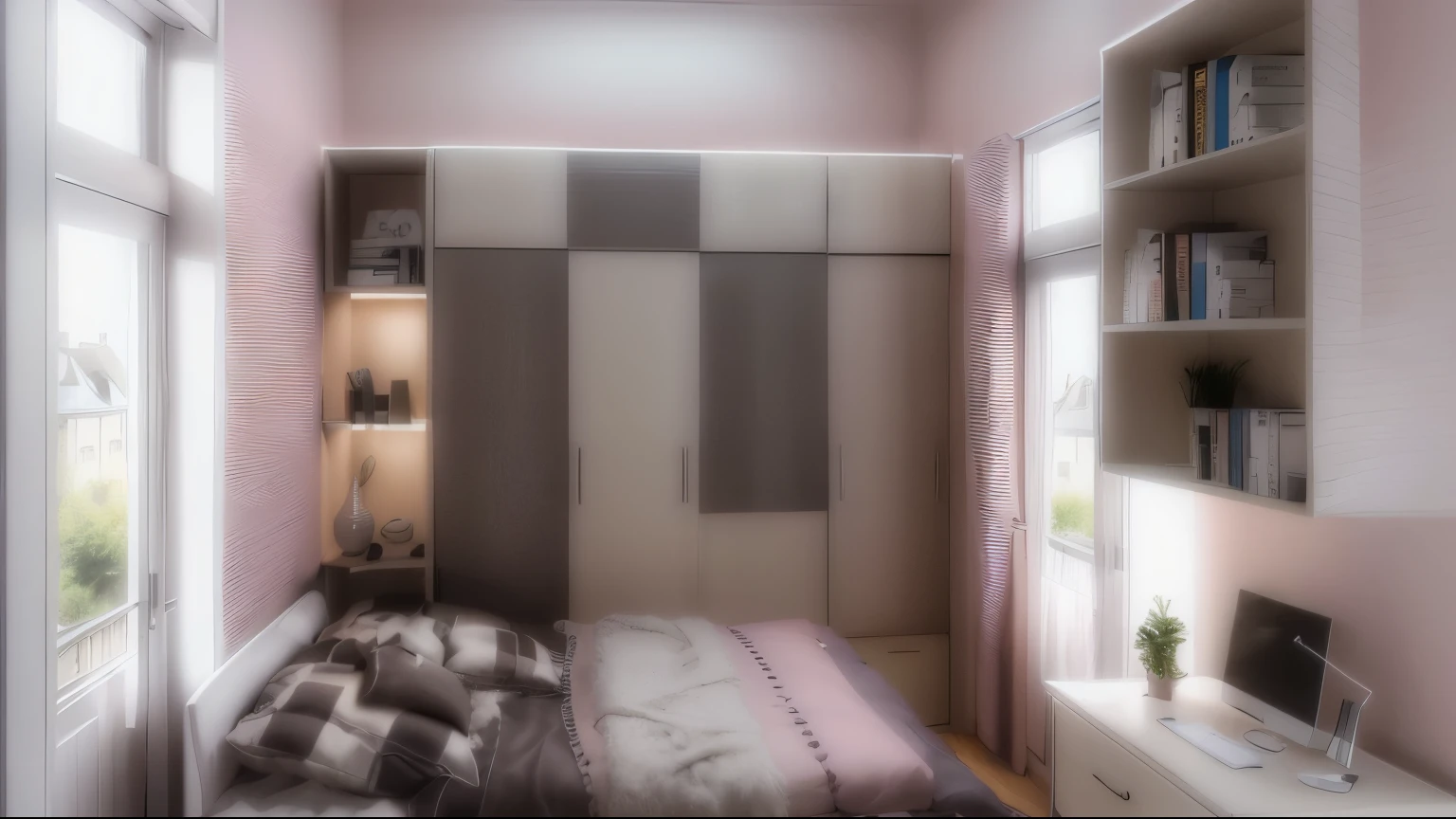arafed view of a Chambre à coucher with a bed, bureau, et étagère, chambre à coucher, inside of a Chambre à coucher, dim Chambre à coucher, small Chambre à coucher, Chambre à coucher interior, Chambre à coucher, conceptuel, Chambre à coucher background, rendu 2D, rendu 3D, conception d'appartement, conception 3D, Conception 3D, rendu 3D, Rendu 3D, croquis - vers le haut, chambre
