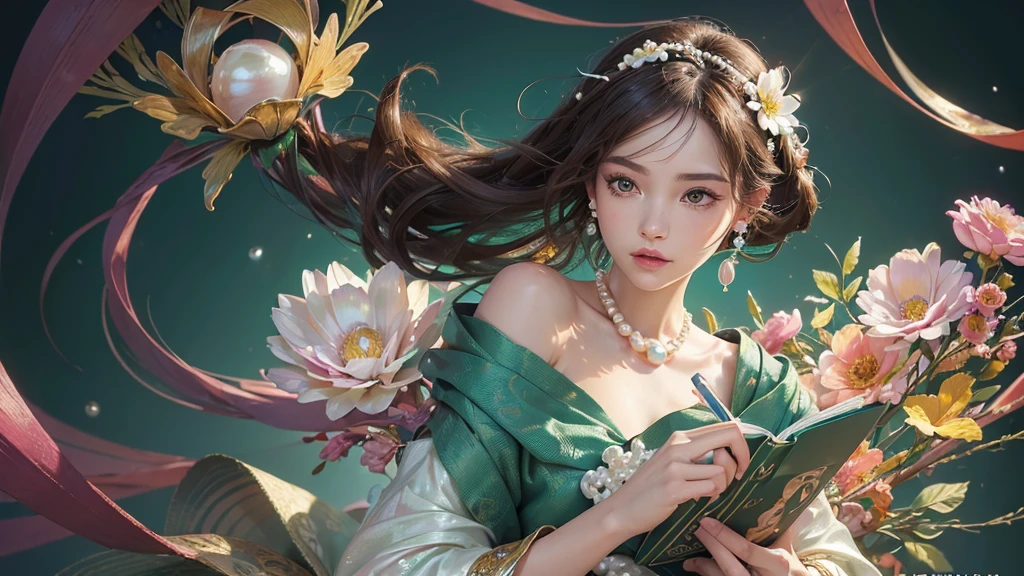32K, 最高quality, 最高masterpiece, (ultra-Detailed Background, Detailed Background), High resolution, Super detailed, Very detailedな, 1 personの, (bouquet:1.3), (Tangled:1.2), (Geometric:1.2),(colorful),(masterpiece, quality, best quality, Official Art, Beautiful and beautiful:1.2), (1 person:1.3), Very detailed,(colorful:1.1)(Flowers:1.3),Most detailed,(Tangled:1.2), whole body, (Abstract background:1.3), (Skin glows), (Many colors:1.4), ,(Earrings Pearl:1.5), Light green background, It's imaginative., Brunette Hair, Updo, Holding a book, Holding a pen, Satin shirt