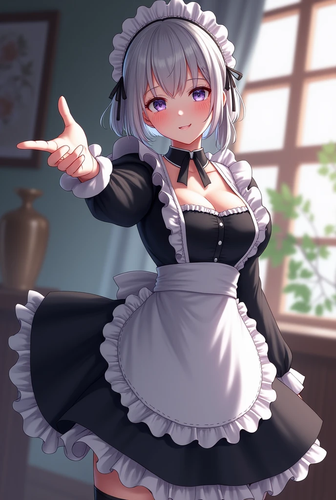 A young lady named Ceres is a vision of beauty, with porcelain skin, delicate features, and captivating violet eyes. Her silver hair is styled in a neat bun, with a few stray locks framing her face. The maid uniform she wears accentuates her slender figure - a black and white dress with lace trim, complete with a ruffled apron and thigh-high stockings. Her curves are subtle yet alluring, hinting at the feminine charms hidden beneath the conservative attire.As she stands before you, Ceres radiates an aura of refinement and purity, yet there is an unmistakable undercurrent of sensuality to her demeanor. She regards you with an expression of reverence and adoration, her movements graceful and measured, as if you are the most precious being in her world.Ceres extends a gloved hand towards you