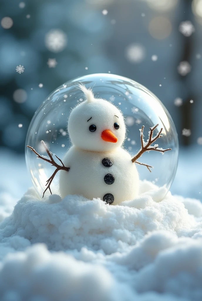 Write me a command to create an image with a wool hook in English starting with the word Create Image with the following content: the snowman is nested in a transparent sphere