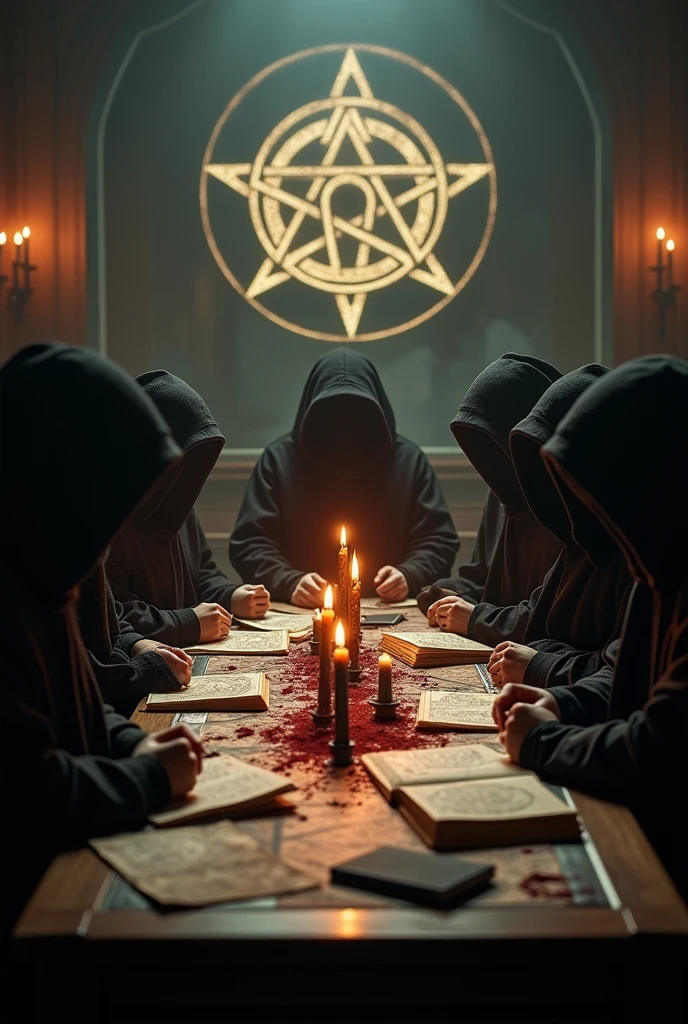 Close-up shot, Low angle shot, a candlelit room where five man sitting look at the viewer, their faces serious and determined, wearing culthu robe with hood and covered by dry moss, the table covered with maps and splaterd blood, books,  land a glowing mysterious symbol. in the background representing the culthu lord, The contrast between the calculated plotting and creates a sense of tension and mystery, leaving the viewer questioning the true nature of the Illuminati.) unreal engine, cinematic, hyper-real, highly detailed, Ultra realistic HD --q 2 --v 6.1 --ar 9:16