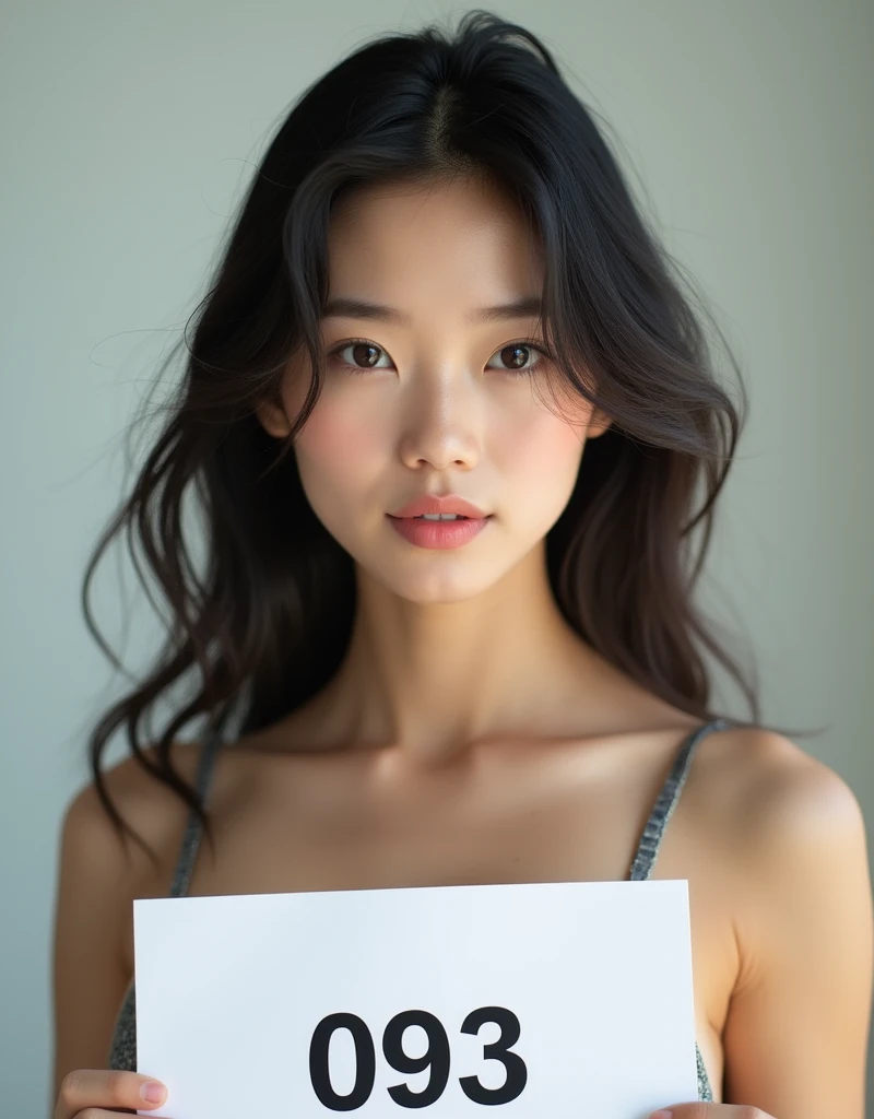 Asian Beauty, Clear skin texture,(Sweaty body stockings:1.2),Holding a sign, This sign says"093" ,Ultra-high-resolution photos
