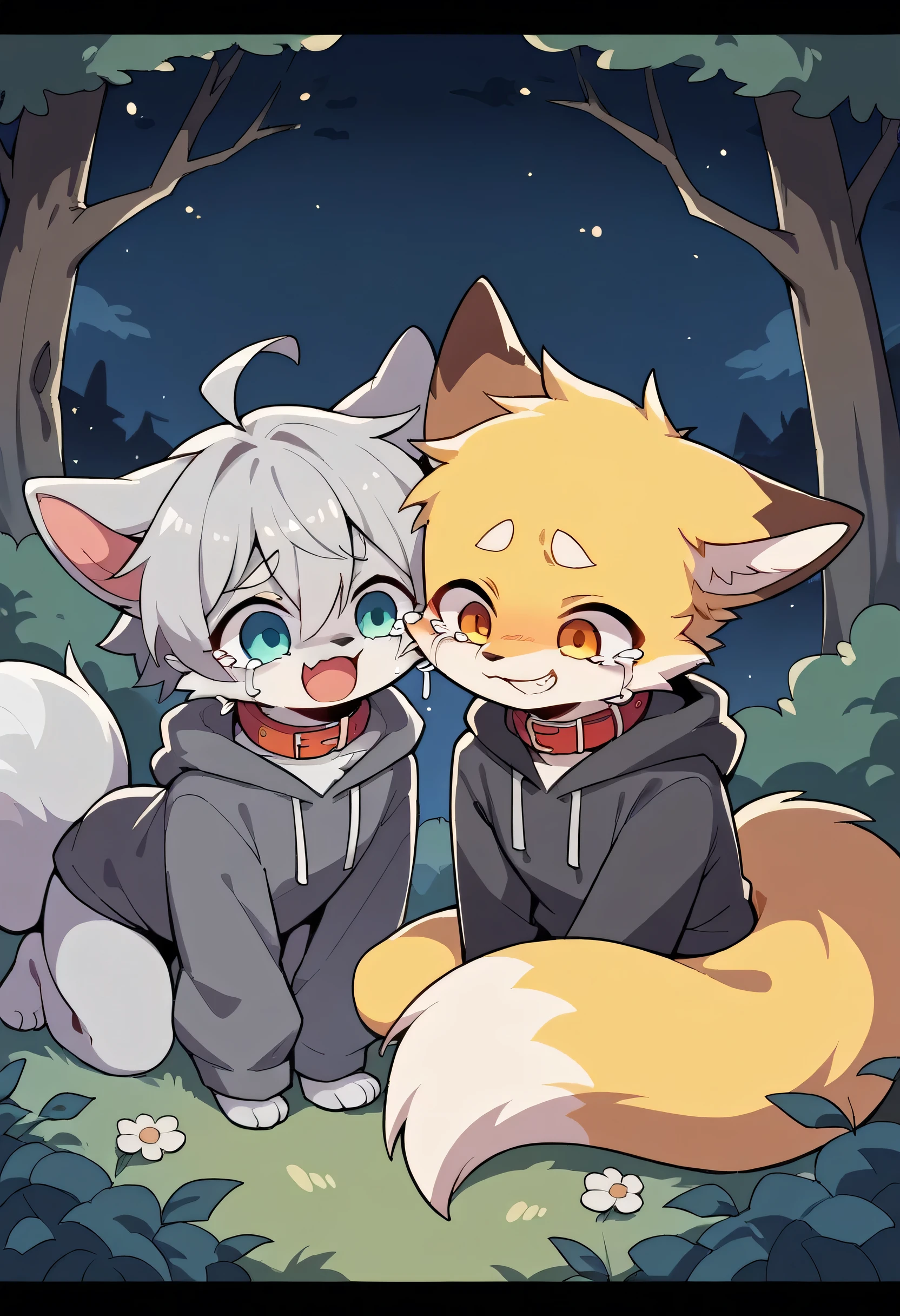 Ultra-high resolution,Yellow fur,(Gray Hair)hoodie clothes,Red collar, ,cry,Fox,,Two horses,Crying loudly,night,Lots of tears,tail,Hold back the cry,A little smile,Under the tree,Secret base,forest,in the tree,