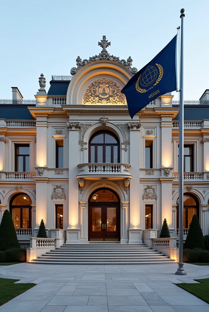 The image features a sprawling and majestic building that blends the grandeur of French and Italian architecture, designed on a large scale, covering an expansive area in terms of square footage. The structure is both imposing and elegant, with a symmetrical layout and an intricate design that showcases the best of European architectural traditions.
The building's façade is crafted from light, cream-colored limestone, accented by darker stone details around windows and doors. The front of the building is dominated by a grand central entrance, featuring a wide, sweeping staircase that leads up to a pair of massive, intricately carved wooden doors. Above the entrance, there is a large, arched window flanked by classical columns, lending a sense of formality and grandeur.
At the top of the building, prominently displayed in large, bold, dark bronze letters, is the name "NEXUS GLOBAL CAPITAL AND EQUITY HOLDINGS." The sign is backlit with a warm, soft glow that enhances its visibility without overpowering the architectural Change design
The roof is adorned with ornate, wrought-iron railings along the edges, and the corners of the building feature elegant stone turrets with small, decorative balconies. Large, arched windows run along the length of the façade, allowing natural light to flood the interior while maintaining the classical aesthetic.
Flag Description:
To the right of the central entrance, a tall flagpole is positioned in a prominent yet tasteful location near a beautifully landscaped courtyard. The flag of Nexus Global Capital and Equity Holdings waves proudly atop it, maintaining the same design: a deep navy blue background with a golden emblem at the center. The emblem, a globe encircled by olive branches with the letters "NGCEH" inscribed at the bottom, is elegant and symbolic of the company’s global presence. The flag is of normal size, complementing the grand scale of the building without overpowering the visual balance.
Environment Description:
T