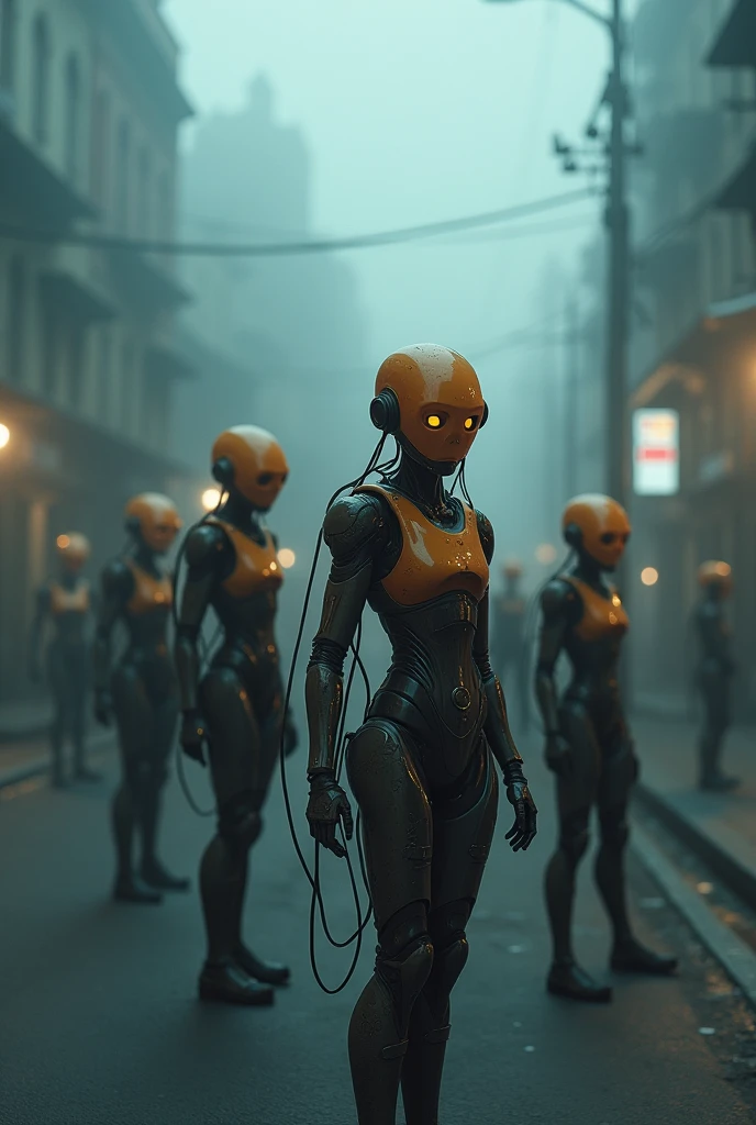 Super realistic scene in a street futuristic and destopyc sad,with robots humanoïdes with their metallic orange masks with cables, and light in their eyes in a foggy street very sad atmosphere