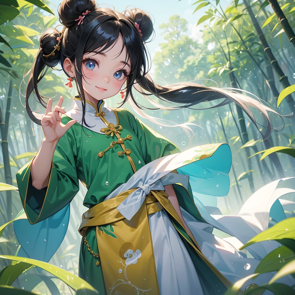 A chibi  girl had a small face and Wearing white little Taoist priest's outfit. A pair of big round eyes shone with curiosity about him. This childso cute,her hair is black with two buns on her hair.small chibi, chibi baby, smil,Chibi.

The back is a lush green bamboo forest. The air after rain has water droplets splashing around.
