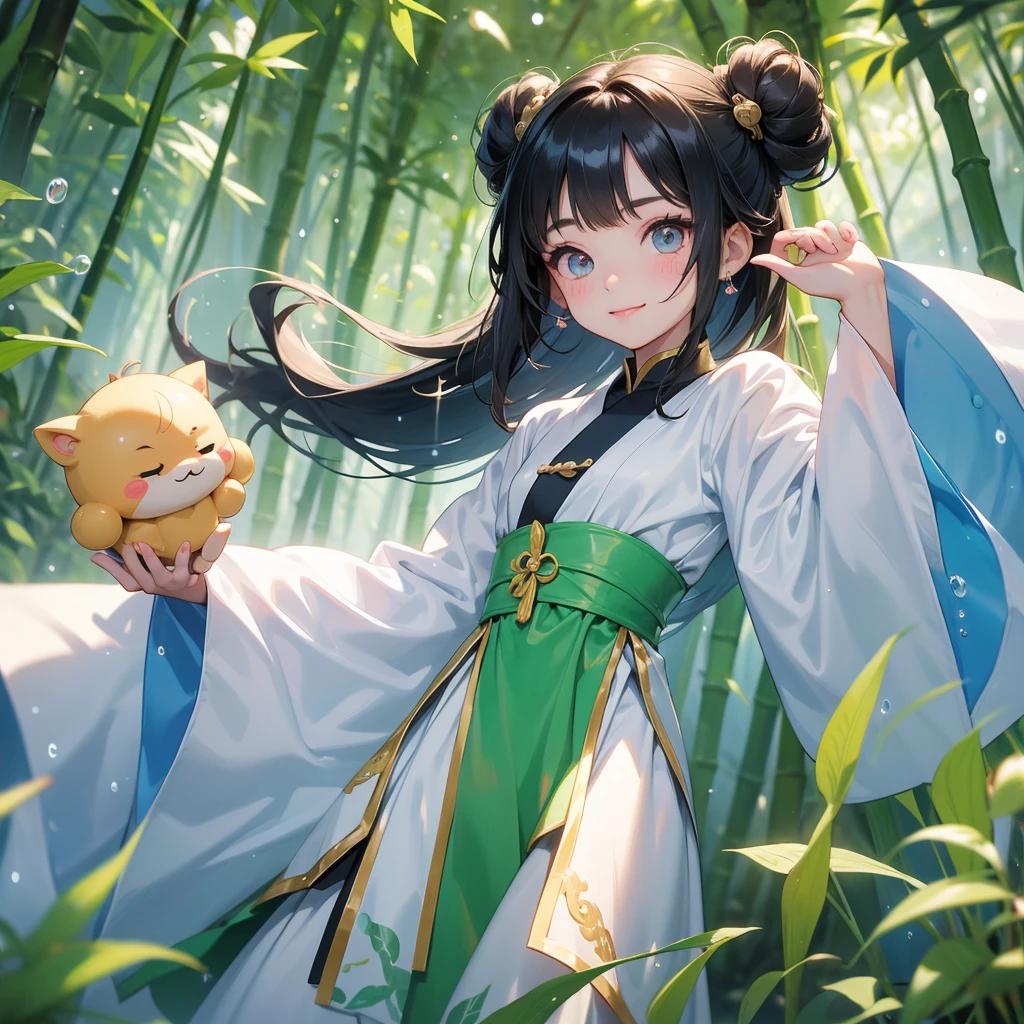 A chibi child girl had a small face and Wearing white little Taoist priest's outfit. A pair of big round eyes shone with curiosity about him. This child was so cute,her hair is black with two buns on her hair.small chibi, chibi baby, smiling ,Chibi.

The back is a lush green bamboo forest. The air after rain has water droplets splashing around.
