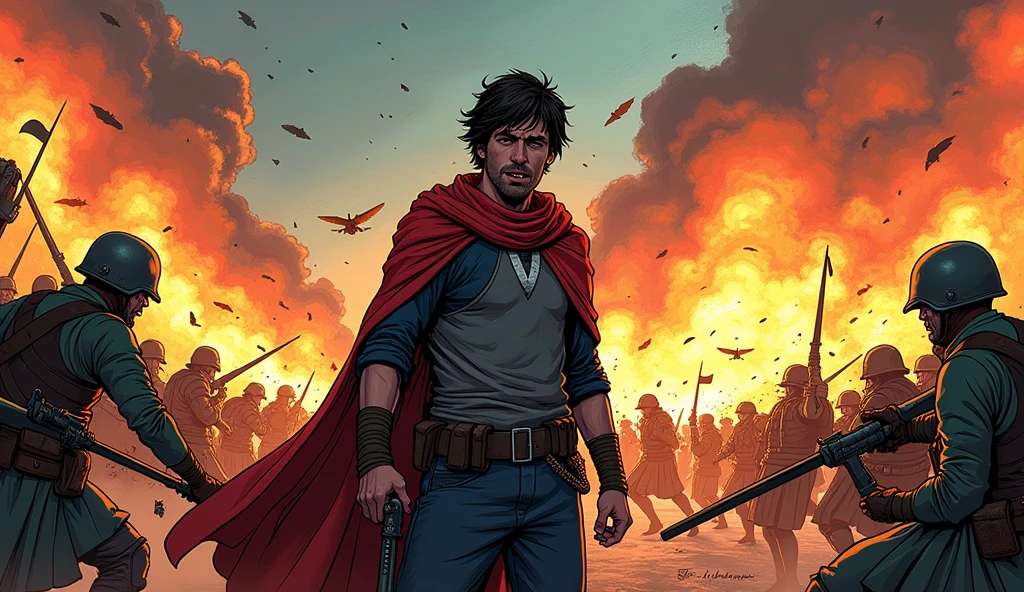 Comic-style Arav in a battlefield: Arav in a chaotic battlefield, surrounded by soldiers, looking conflicted amidst the fighting, with intense action lines typical of comic style.