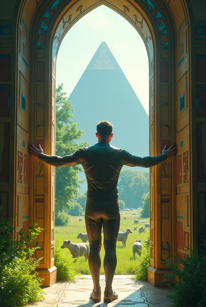 Un homme avec des vêtements futuristes pousse des deux mains des portes futuristes avec des figures géométriques de couleurs différentes sur la porte et devant lui une pyramide avec de l'herbe et des animaux ,le tout ressemblent à la peinture que j'ai publié