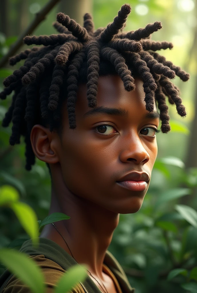 The face of a young man with brown skin and twist locks in the forest