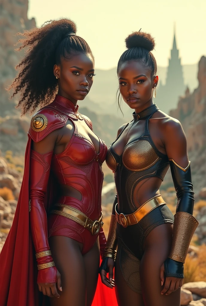 ((instagram photo)) full body photo of 2 beautiful ((African woman superhero costume)) strong ((girlboss)) fierce in a ((game of thrones tv show and fictional city of westeros)) (high detailed skin:1.2) 8k uhd, dslr, soft lighting, high quality, film grain ((amateur photo))