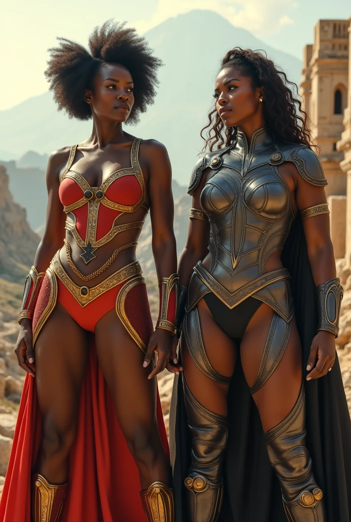 ((instagram photo)) full body photo of 2 beautiful ((African woman superhero costume)) strong ((girlboss)) fierce in a ((game of thrones tv show and fictional city of westeros)) (high detailed skin:1.2) 8k uhd, dslr, soft lighting, high quality, film grain ((amateur photo))