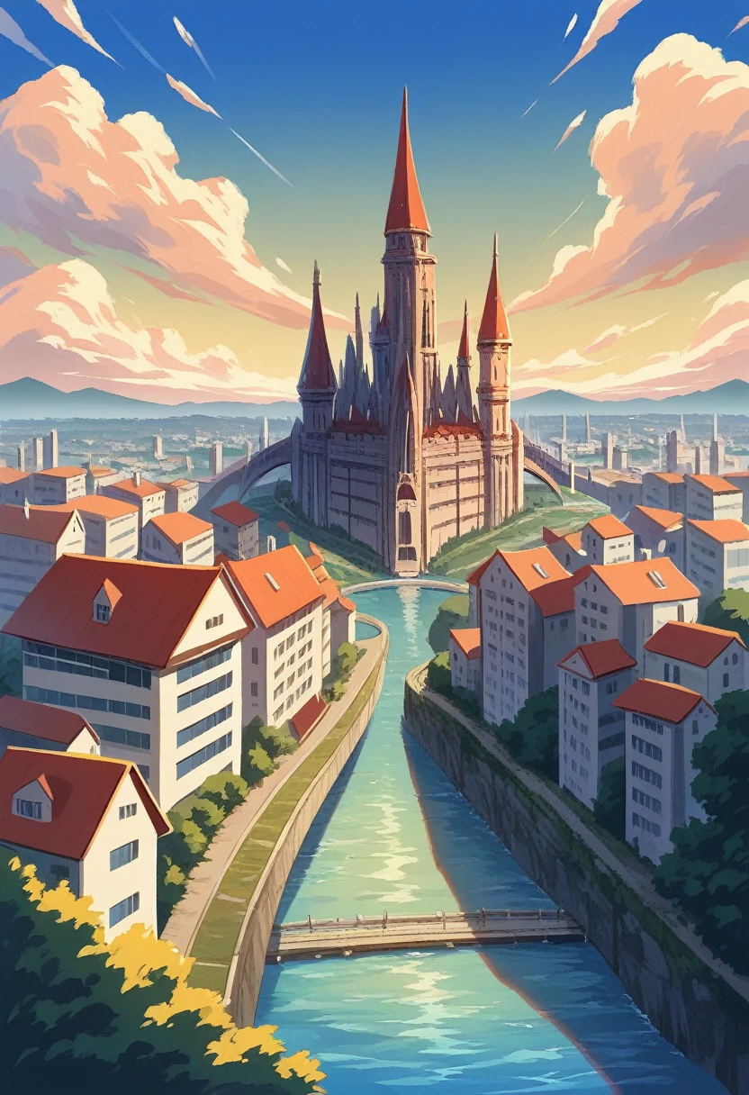 (masterpiece,newest,exceptional:1.2), anime,1girl,bangs,black_hair, beautiful 8k eyes,blue_sky,bridge,building,castle,city,cityscape,cloud,day,dress,looking_at_viewer,outdoors,red_neckwear,red_ribbon,ribbon,river,short_hair,short_sleeves,sky,skyscraper,solo,standing,town,water