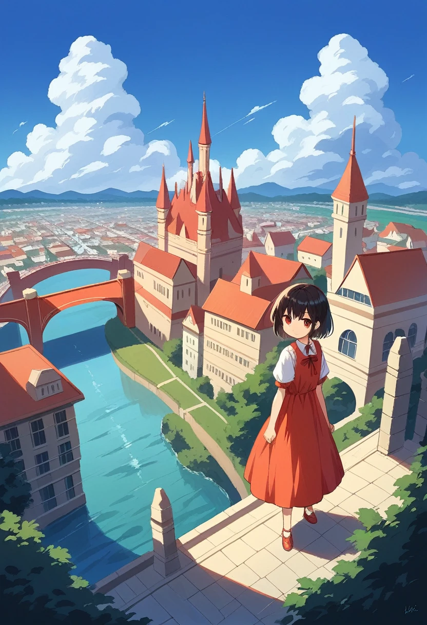 (masterpiece,newest,exceptional:1.2), anime,1girl,bangs,black_hair, beautiful 8k eyes,blue_sky,bridge,building,castle,city,cityscape,cloud,day,dress,looking_at_viewer,outdoors,red_neckwear,red_ribbon,ribbon,river,short_hair,short_sleeves,sky,skyscraper,solo,standing,town,water