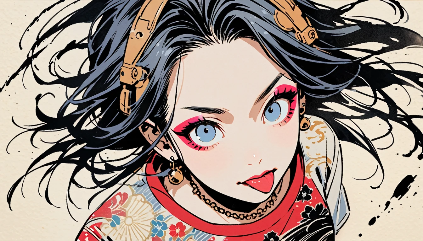 (((Ink Painting))), (((from above))), (((1 female))), (((Japanese pattern T-shirt))), (((punk))), (((Very flashy makeup))), Necklace with studs, Japanese style headphones, face close-up, front view, Japan人の美少女, Black Hair, Delicate and precise, Modern ukiyo-e style,Japan, Droopy eyes, round face, Glare, Sticking out tongue, vivid color