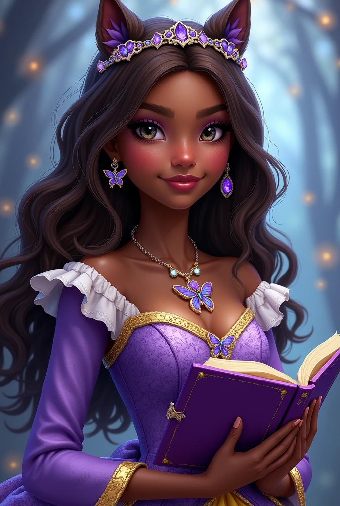 Imagem da filha da Cerise Hood e da Cedar Wood de Ever After High: Must have straight, wavy brown hair with braids, with white streaks on top of the head, very dark brown skin, gray eyes, purple dress with white on top and yellow with purple on the bottom, wolf necklace, wolf earrings, butterfly tiara, butterfly elements on the clothes and holding a book of fairy tales The necklace and earrings have to be wolf