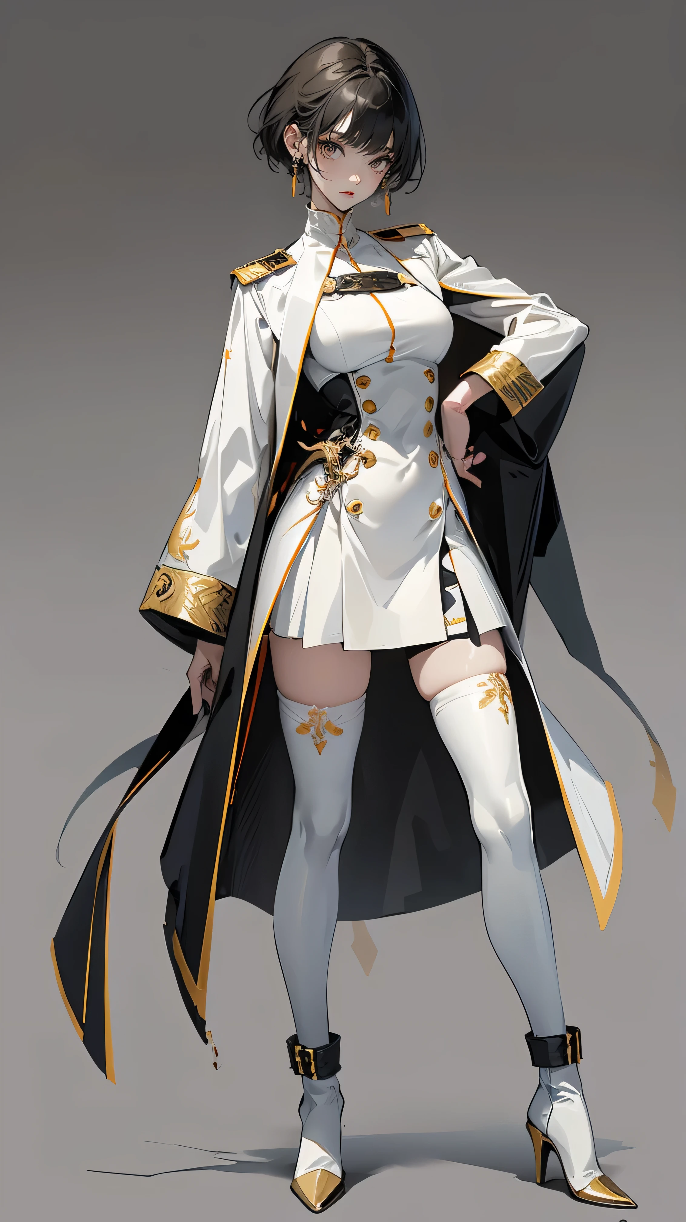 best quality、masterpiece、8K、Practical、超high resolution、Very delicate and beautiful、high resolution、Muscle Girl、Gal、Perfect female body、neutral、Black Hair、short hair、earrings、Fit body、luxury, Easy-to-move white military uniform、White and Gold Uniform、boots、cigarette、Wild pose、Full body emphasis、Simple background