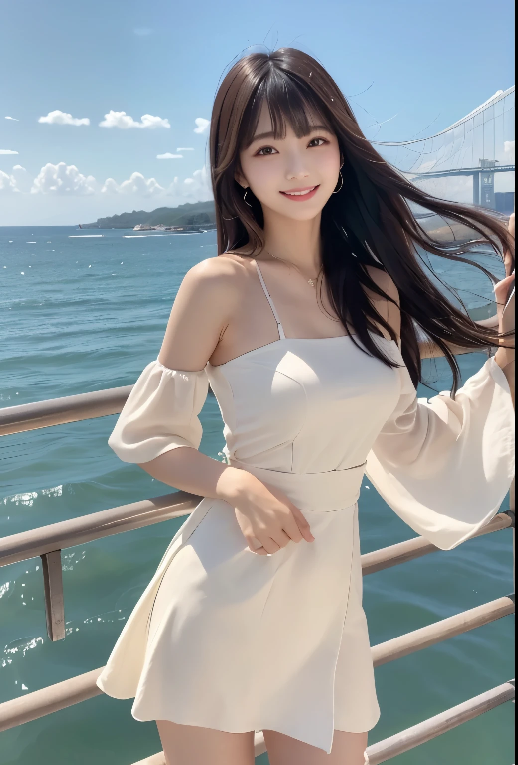 masterpiece、Highest quality、whole body、One Girl、bangs、Japanese、Long Black Hair、long hair、Ocean、Asahi、smile、alone、Stylish woman、Pastel colored outfits、front、Luxury background elements、Confident expression、Modern and trendy、Fashion focused