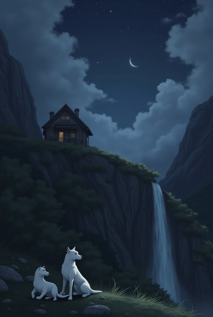 A house on a mountain and a water fall is from that house and mountain and sky is darkly covered by clouds and stars with moon is little in size , time is mid night 12 am and a  white small dog and a dog  like realistic
