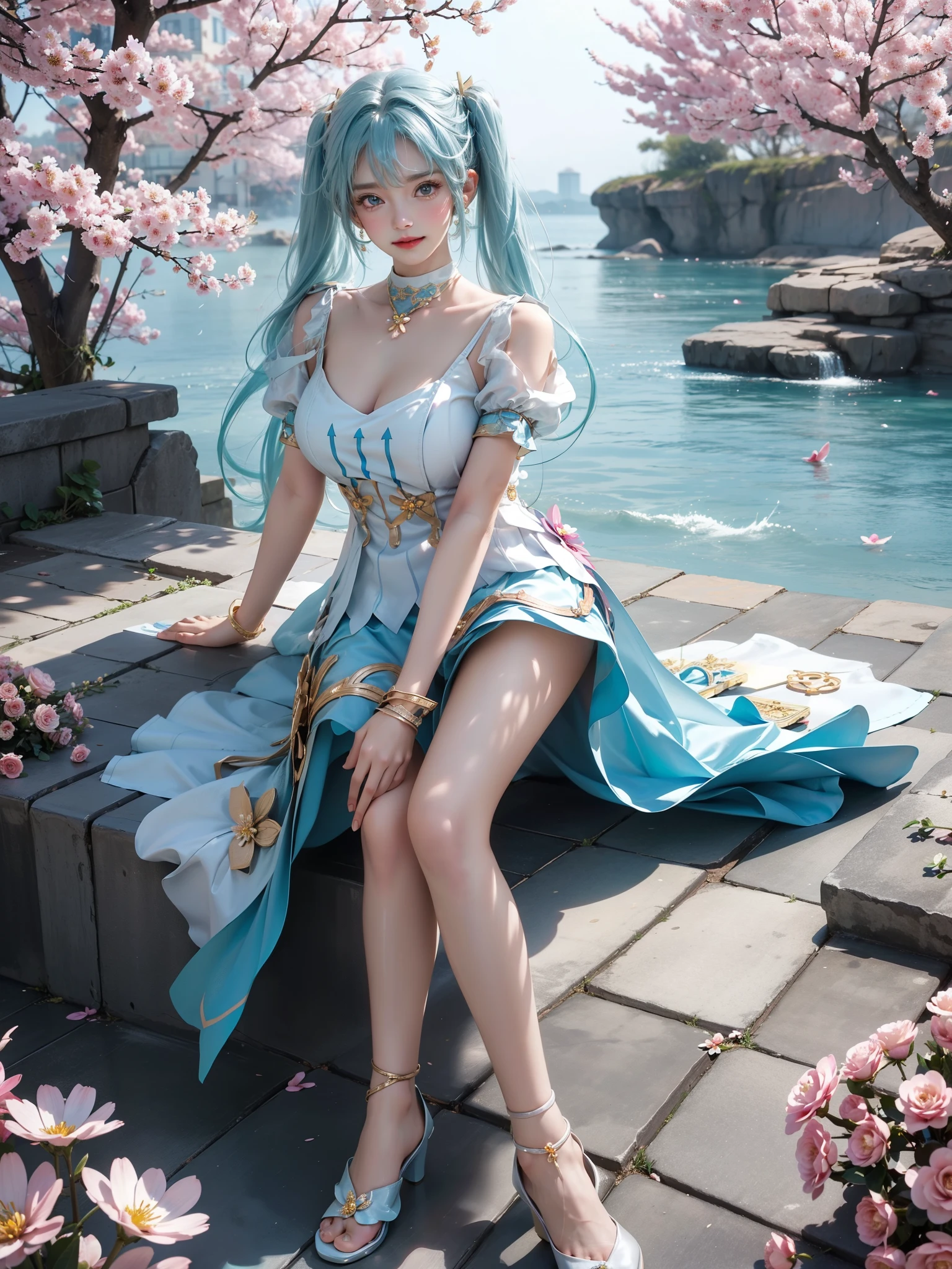 Faruzan_genshin, cowboy shot, aqua hair, long hair, twin tails, x hair ornament, jewelry, white dress, dress, short sleeves, high heels,,（(Girl lying in the pool))、She gently lifted her skirt with one hand，Make gentle and playful gestures，((Lots of flowers瓣)), Lots of flowers，Lots of scattered petals，Cherry tree，Petals are flying all over the sky，A beautiful and charming woman, Elegantly, Her plump breasts are on display.，Visible cleavage，Beautiful natural legs，Sexy long legs，Various slim and lovely beauties, Her long hair cascades down like a waterfall。She smiled brightly，Eyes sparkling，Her skin is flawless。Her curves are highlighted。Shine in the light，The color is pastel，She lay confidently，One hand on hip，Her posture is both graceful and strong.。She wore elegant high heels，It matches her outfit very well。In the warm golden sun。The overall mood of the picture is tranquil and uplifting，Emphasis on natural beauty and elegance, Studio Lighting,Vibrant colors, Cute girl, sweet smile, cosmetic，Shy，blush，Open your mouth，Heavy breathing，moan，超realism，realism，Movie Lighting，comfort，Sony FE GM，Retina，masterpiece，precise，Anatomically correct，Textured Skin，Super Detail，High Detail，best quality，Colorful