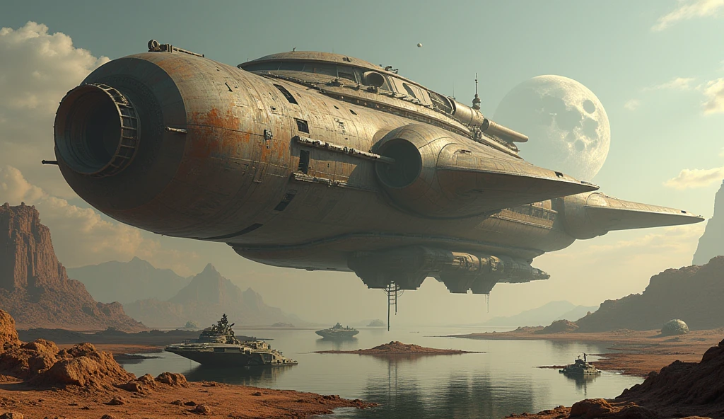 A huge medieval spaceship flying through the sky, Detailed crashed spaceship, Detailed spaceship, movie「Dune」Spaceship, Derelict spacecraft, flying scifi vehicle, レトロなSF Spaceship, Very detailed, Ancient crashed spaceship, SF Spaceship, Fallout Airplane Concept Art, 古代Spaceship、lake、Two moons、Heavily armed、pagan、Religious ceremonies、
