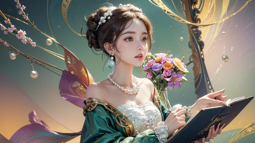 32K, 最高quality, 最高masterpiece, (ultra-Detailed Background, Detailed Background), High resolution, Super detailed, Very detailedな, 1 personの, (bouquet:1.3), (Tangled:1.2), (Geometric:1.2),(colorful),(masterpiece, quality, best quality, Official Art, Beautiful and beautiful:1.2), (1 person:1.3), Very detailed,(colorful:1.1)(Flowers:1.3),Most detailed,(Tangled:1.2), whole body, (Abstract background:1.3), (Skin glows), (Many colors:1.4), ,(Earrings Pearl:1.5), Light green background, It's imaginative., Brunette Hair, Updo, Holding a book, Holding a pen, Satin shirt