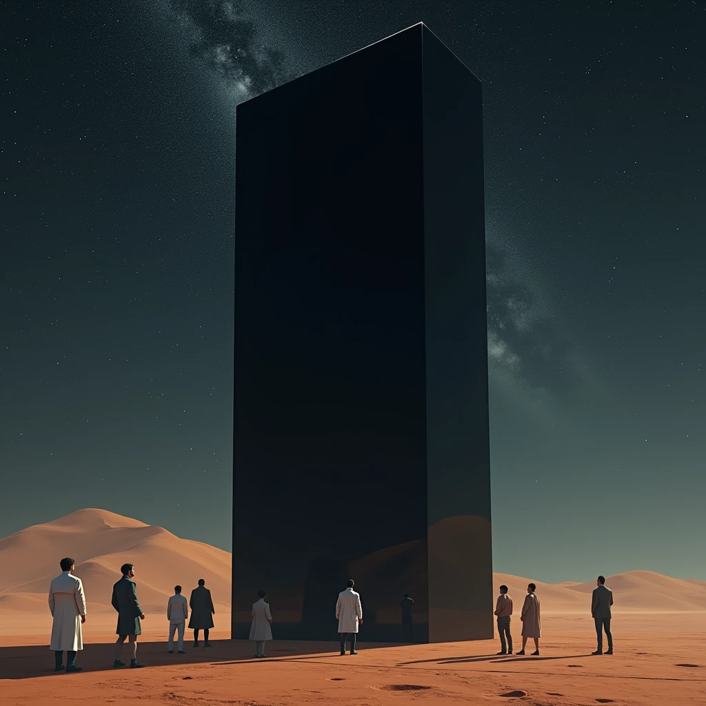 A shiny black monolith, of perfect geometric shapes, It stands in the middle of an arid desert. A group of scientists observe in silence, Their faces reflecting both fascination and fear.. The Night Sky, full of stars, seems to have an inexplicable connection with the structure.
