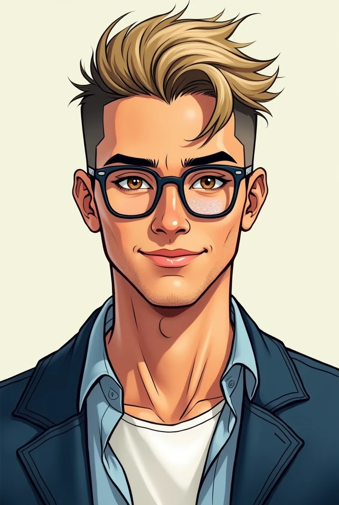 Style manga, homme 38 ans blanc chic, short hair shaved on the sides. Brown eyes, dark blonde hair. Vitiligo on the face, il sourit et ses yeux pétillent. Dressed in a slightly open shirt and a blue jacket. Black rounded square glasses