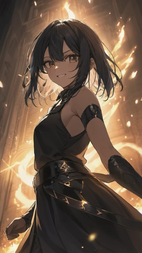 1girl, angry, dark aura, black outfit, assassin, dynamic angle, (best quality,4k,8k,highres,masterpiece:1.2),ultra-detailed,(realistic,photorealistic,photo-realistic:1.37),illustration,official artwork,anime style,rage smile,dark fantasy,moody lighting,chiaroscuro,dramatic composition,intense atmosphere,sharp focus,cinematic
