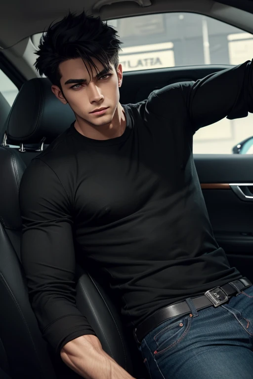 Draw a male character wearing jeans and a black shirt with 3 sleeves/4. Seen from the front with serious appearance while driving a car at high speed on the dark road.