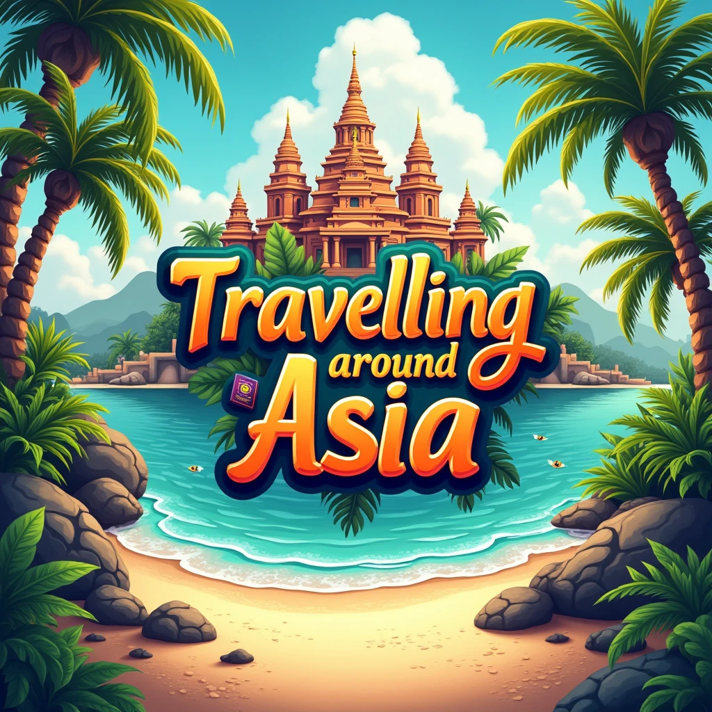 making the name 'Travelling around Asia' the focal point, The design should incorporate tropical beaches, hindu temples , a passport and a camera. 