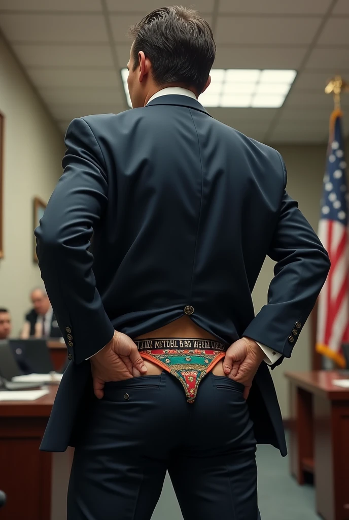 An FBI agent has a ripped in the back seams of his pants exposing his funny whimsical briefs